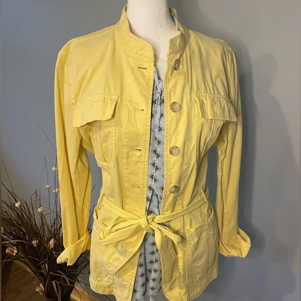 LOFT Women’s Large Yellow Utility Jacket Belted Safari Style 100% Cotton - Picture 2 of 10